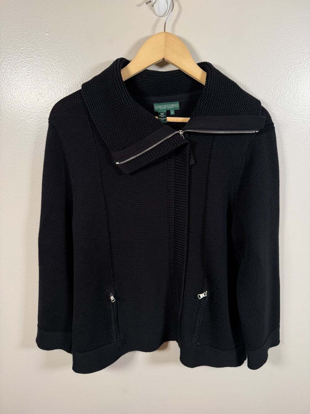 Lauren Ralph Lauren Zip Up Sweater Size XL Black 100% Cotton Classic Preppy